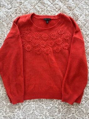 Tribal Orange-Red Floral Applique Crewneck Sweater
